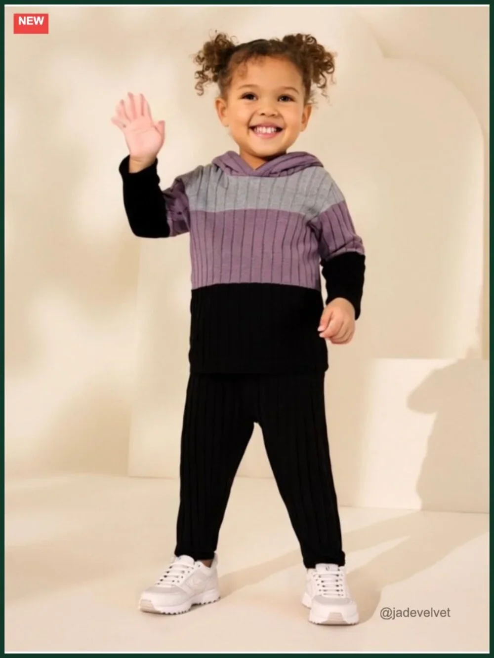 Colorblock Ribbed Long Sleeve Hoodie Sweatsuit Set for Girls